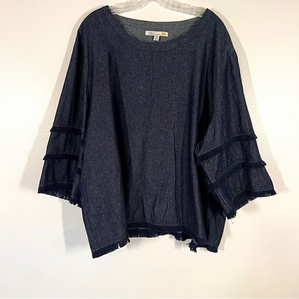 NWOT New C&C California Dark Chambray Denim Color Blouse Too Fringe Accents 3X